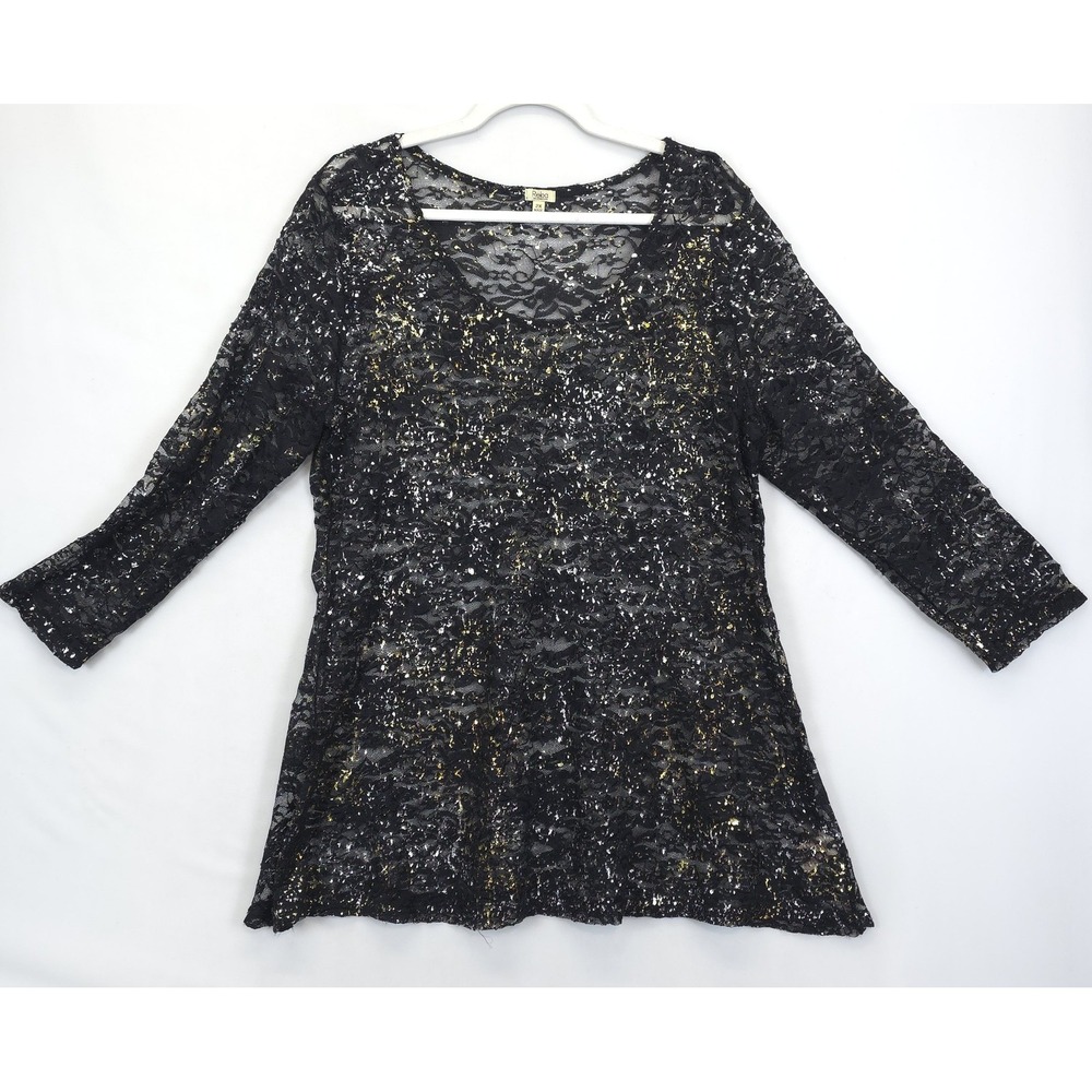 Reba Woman Tunic Lace Top Women 2X Black Gold Slive Glitter Long Sleeve Party